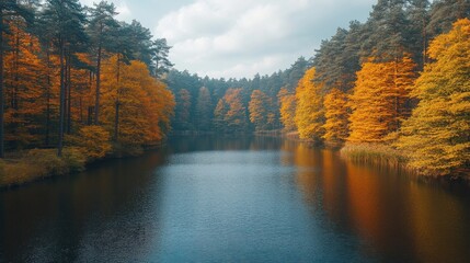 Fototapeta premium Autumnal lake reflecting golden trees.