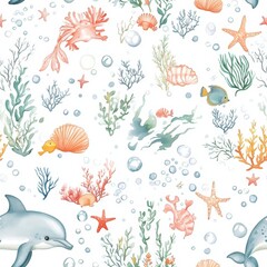 Vibrant coral reef pattern showcasing diverse sea life and playful marine creatures