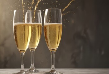 Golden champagne flutes clinking, bubbles rising, holiday, achievement