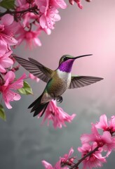 Fototapeta premium Hummingbird sitting on a bright pink flower with delicate petals, colorful, garden