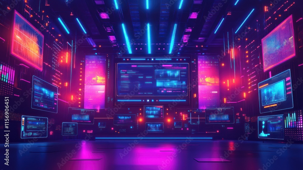 Poster futuristic control room with vibrant neon displays showing data streams and digital information.