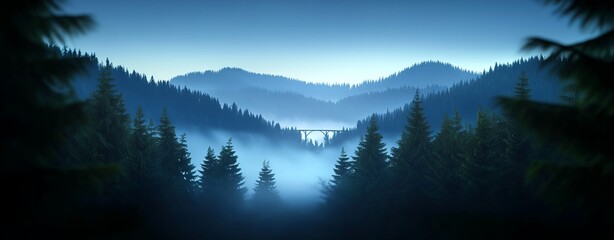 Tranquil landscape featuring misty mountains and dense forests, evoking a serene and peaceful atmosphere.