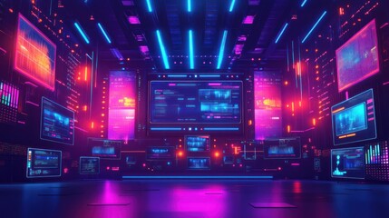 Fototapeta premium Futuristic control room with vibrant neon displays showing data streams and digital information.