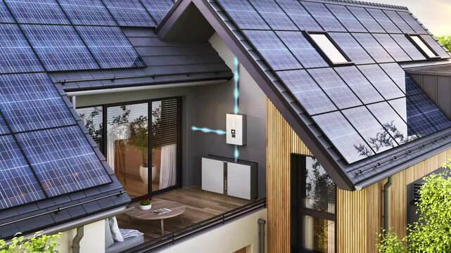 Modern house with solar panels and backup power supply