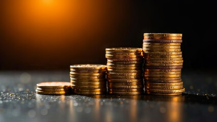 Stacks of coins on black background.