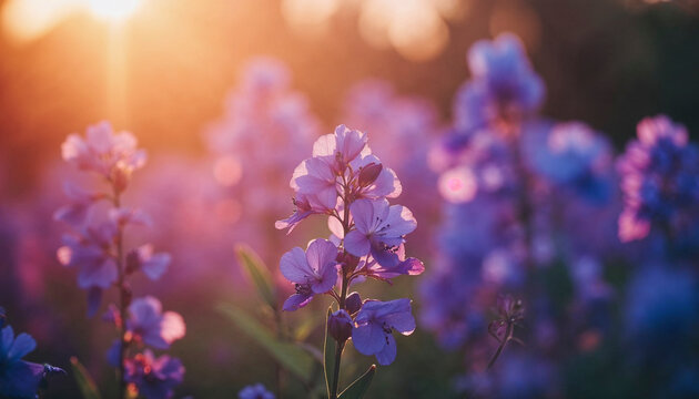 A field of purple flowers with the sun shining on them. The flowers are in full bloom and the sun is casting a warm glow on them. The scene is peaceful and serene, with the flowers