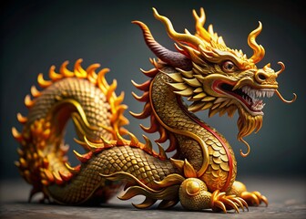 Fototapeta premium Elegant Grey Dragon Clay Sculpture with Golden Accents - Minimalist Asian Art