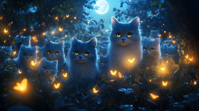 Moonlit Gathering of Enchanting Cats