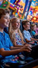 Obraz premium Joyful Children Experiencing Thrill and Excitement on Roller Coaster