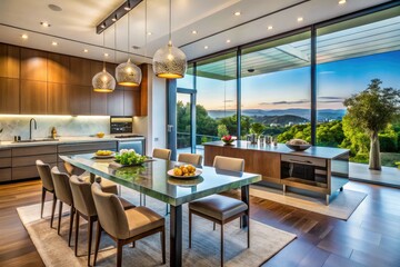 Fototapeta premium Sleek glass walls showcase a modern luxury kitchen and dining area.