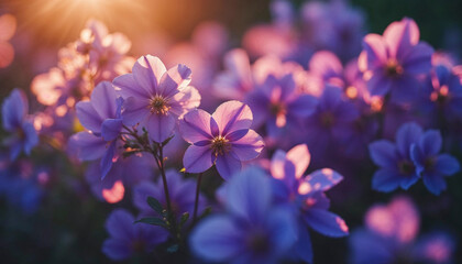 A bunch of purple flowers are in the sun. The flowers are in full bloom and are very pretty