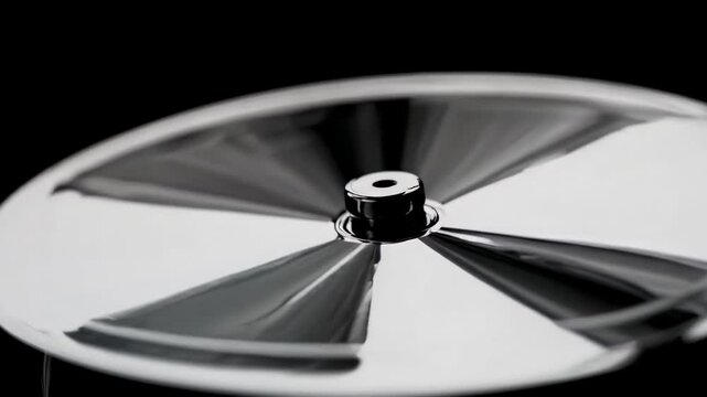 Abstract spinning metallic disc with textured reflections in monochrome.