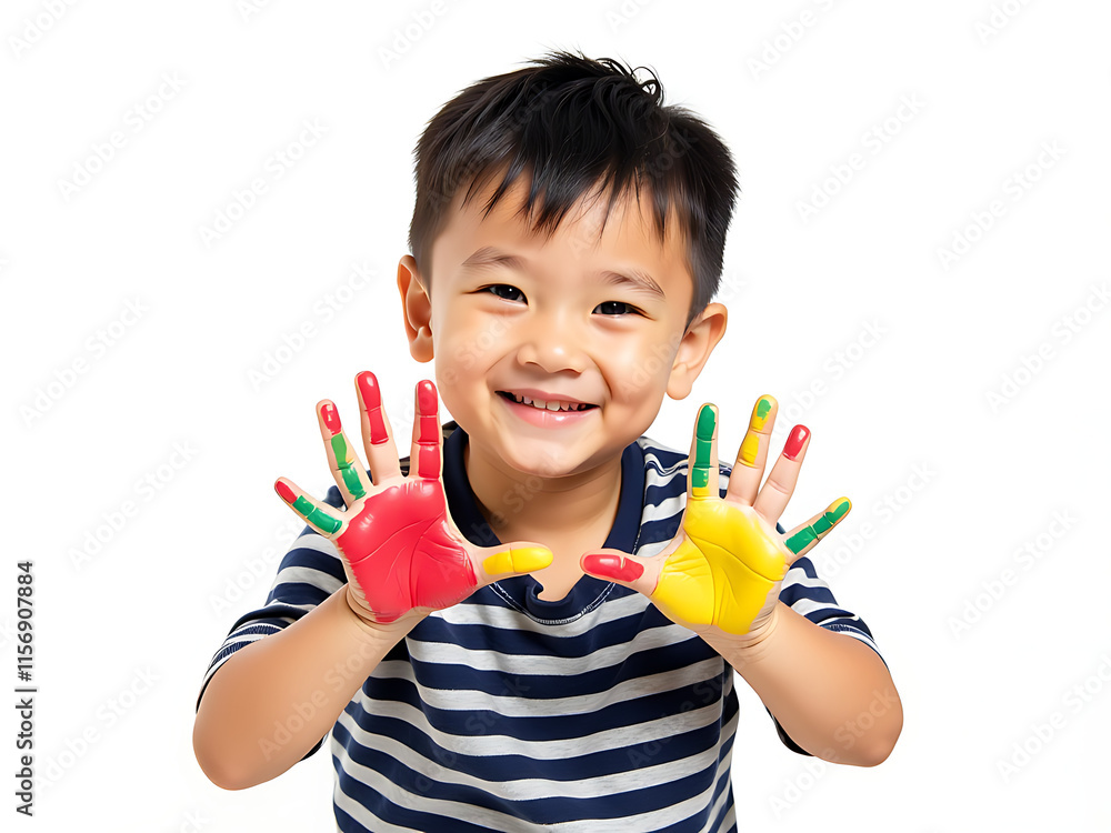 Poster young asian boy with hands painted in bright colors sits isolated against a plain white background i