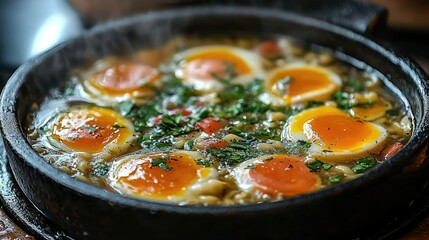 Steaming hot pot with six soft-boiled eggs, noodles, and herbs.