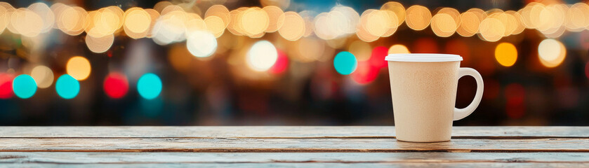 cozy cup of hot beverage on wooden table, surrounded by festive lights. Perfect for winter gatherings