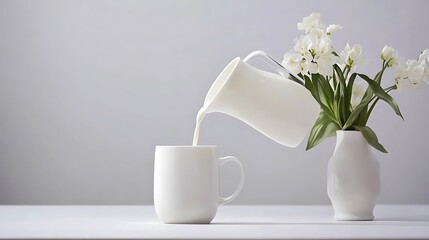 Close-up Photo: Milk Gently Pouring into Mug Beside Delicate White Flowers. AI Generated