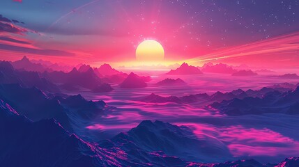 Psychedelic sunset over a mountain range