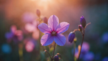 A close up of a purple flower with dew drops on it. The flower is surrounded by other flowers, creating a beautiful and serene scene
