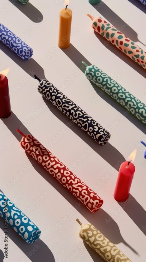 Poster candles with lighting arranged on a table surface, creating a warm and inviting atmosphere for home 
