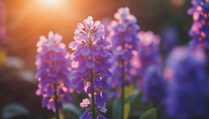 Obraz premium A bunch of purple flowers with dew on them. The flowers are in a field and the sun is shining on them