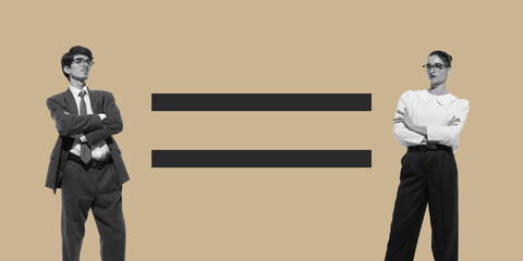 Business people, man and woman face each other, separated by two parallel lines, symbolizing gender equality in workplace. Contemporary art collage. Concept of business, collaboration and respect