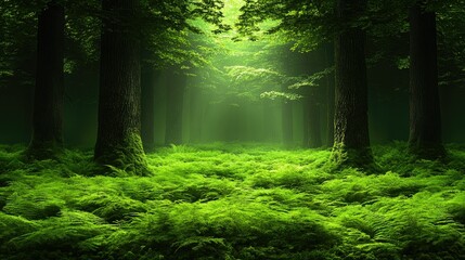 Sunbeams illuminate a lush green forest floor, ferns and moss covered trees.