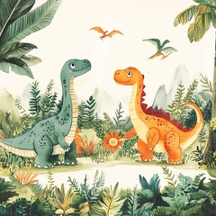 Cute Cartoon Dinosaurs in Watercolor Jungle