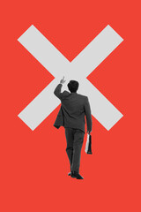 Businessman walks confidently toward large white X on red background, symbolizing challenges, goals, or rejection in business. Contemporary art collage. Concept of business, decision-making