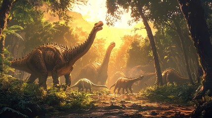 Majestic Dinosaurs in a Golden Hour Jungle