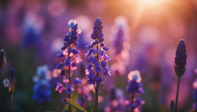 A field of purple flowers with the sun shining on them. The flowers are in full bloom and the sun is casting a warm glow on them