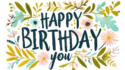 Obraz premium Happy Birthday You Greeting Card Surrounded by Vibrant Floral and Leaf Designs, Perfect for Celebrating Special Occasions with Loved Ones