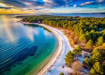 Fototapeta premium Empty Dog Beach, Kasteja Forest Park, Medulin, Istria, Croatia - Winter Drone Shot