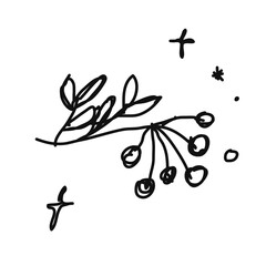 Icon or clip art with a christmas theme. Hand drawn a simple abstract branch with berries and fireworks, childlike naive doodle vector illustration