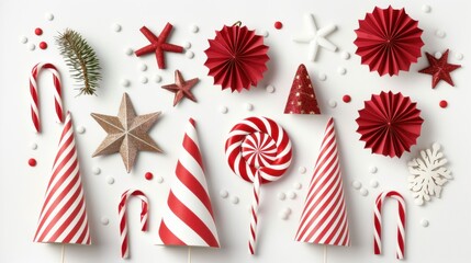 Fototapeta premium Festive Party Decorations with Red and White Elements Including Striped Hats, Candy Canes, and Paper Stars Set Against a Bright Background for Holiday Celebrations