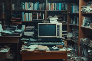 Abandoned Room Filled With Old Books And Electronics