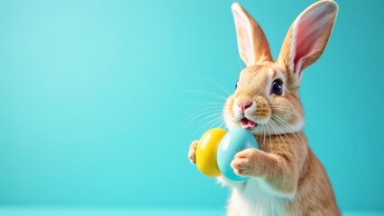 Obraz premium Rabbit on a blue background with Easter painted eggs.