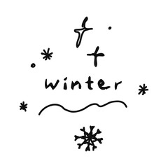 Icon or clip art with a christmas theme. Hand drawn a snowflakes and glitter with text winter, childlike naive doodle vector illustration