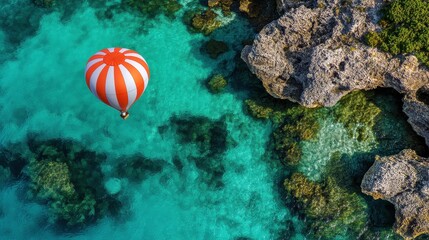 Aerial View of a Colorful Hot Air Balloon Gliding Over Crystal Clear Turquoise Waters with Rocky Coastline and Vibrant Coral Reefs Below Creating a Stunning Natural Landscape