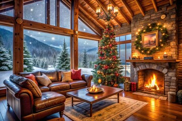 Fototapeta premium Snow falls softly on a cozy mountain cabin, Christmas fire crackling beside a leather sofa.