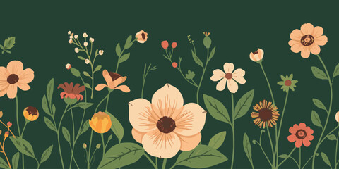 Floral spring vector background with tulip, poppy, and butterfly illustrations, a seamless pattern of nature's beauty for wallpaper or card design