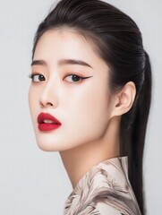 Naklejka premium Elegant Woman with Red Lipstick and Sleek Hair