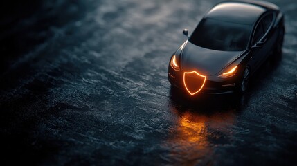 Car Insurance Concept: A car with a glowing shield emblem on a wet surface.