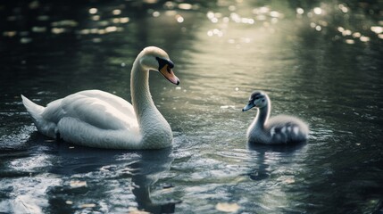 Fototapeta premium Serene Swan and Cygnet on a Calm Lake