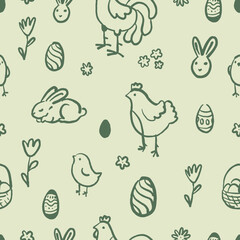 Simple Hand Drawn Easter Ornament. Easter Seamless Pattern with Bunnies, Eggs, and Chicks on Green Background.