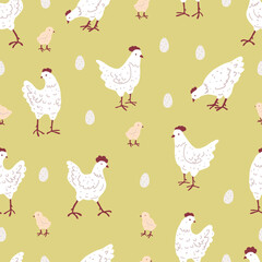 Hand Drawn Chickens, Chicks, and Eggs. Farm Birds on Lght Green Background. Easter Seamless Pattern with Poultry.