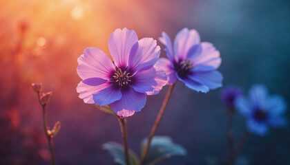 Fototapeta premium Two purple flowers are in a field with a blue sky in the background. The flowers are in full bloom and are surrounded by green grass. The scene is peaceful and serene, with the flowers