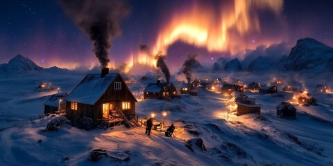 Fototapeta premium Tourists enjoying northern lights over cozy wooden cabins in greenland