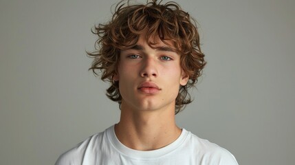 Fototapeta premium Portrait of a handsome young man with curly hair on a gray background