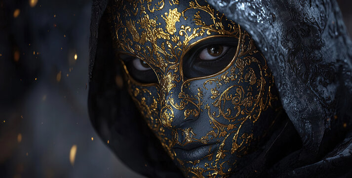 Hombre joven disfrazado con una mascara azul y dorada de carnaval y maquillaje oscuro. LLeva disfraz con capucha sobre fondo desenfocado oscuro y misterioso
