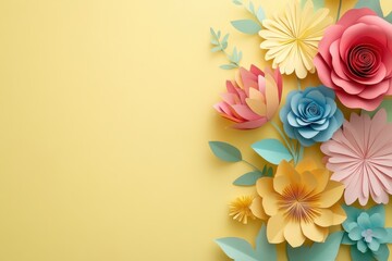 Top view of colorful paper cut flowers on light yellow background with space for text and copy space for web banner